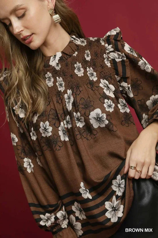 Umgee Brown Mix Floral Smocked Ruffle Blouse Bazaare Mart Blouse