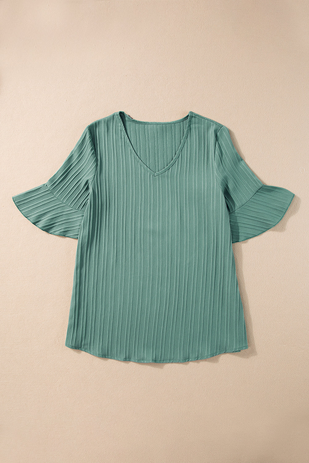 Grass Green Ruffled Half Sleeve V Neck Textured Top