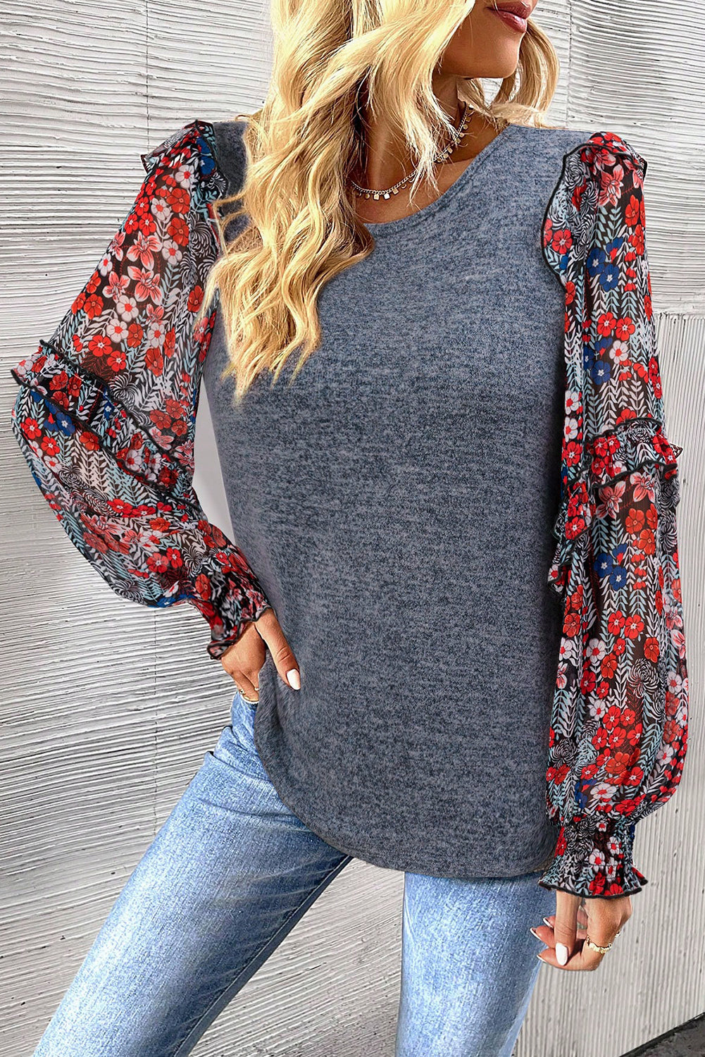 Blue Ruffle Tiered Floral Sleeve Crew Neck Top