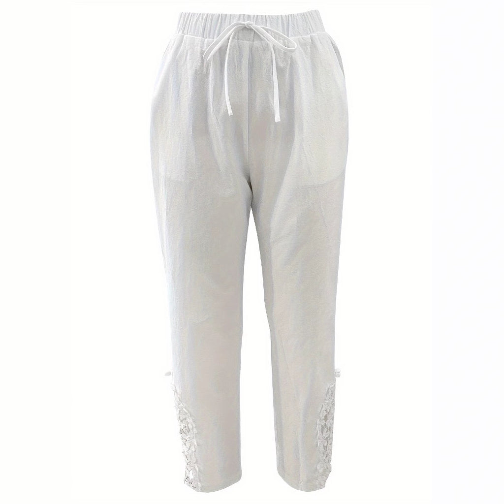 Women’s Lace Cutout Drawstring Straight Pants – Casual Wide Leg Lounge Trousers CJ Dropshipping Light White Cotton Pants