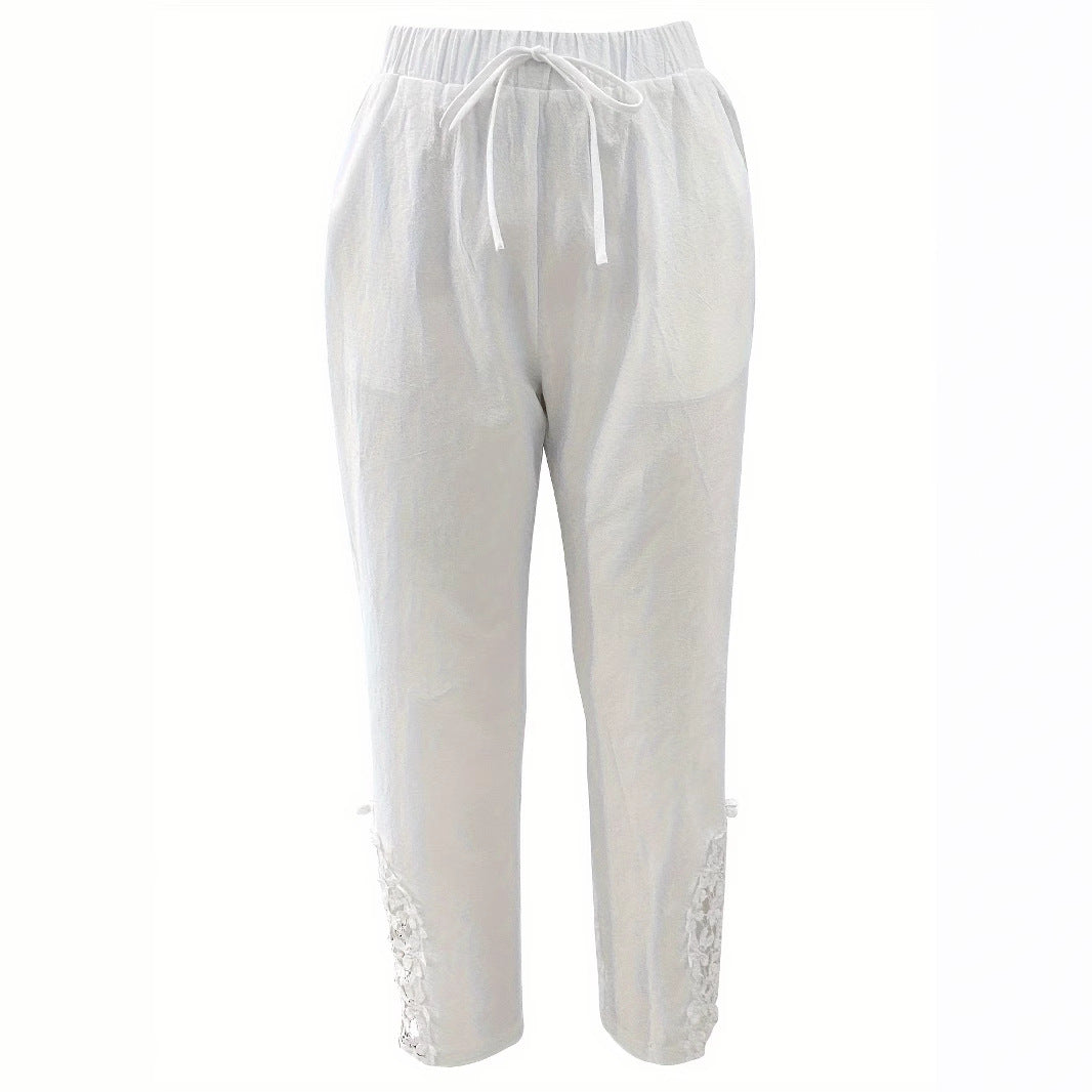 Women’s Lace Cutout Drawstring Straight Pants – Casual Wide Leg Lounge Trousers CJ Dropshipping Light White Cotton Pants