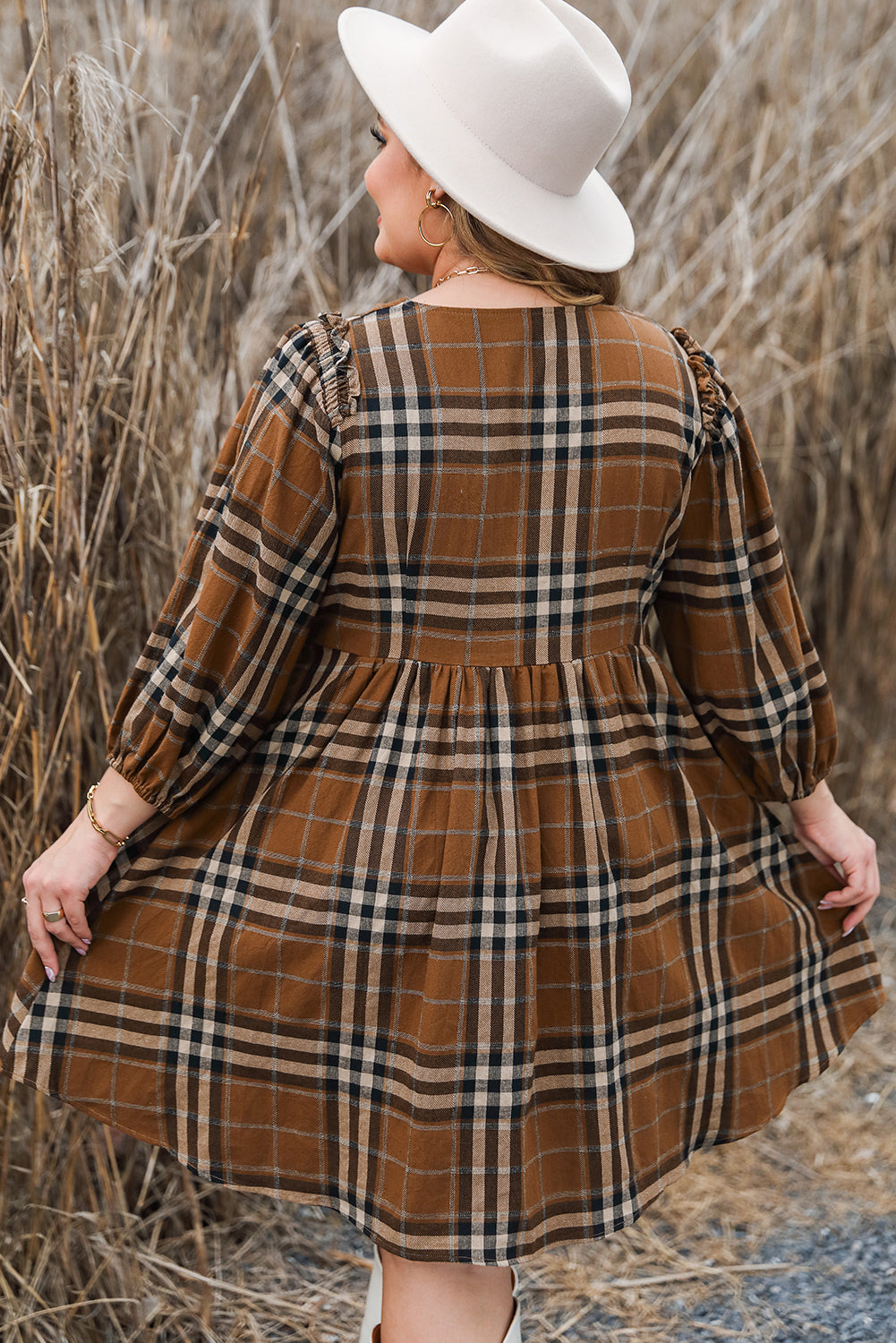 Brown Plaid Plus Size A Line Dress