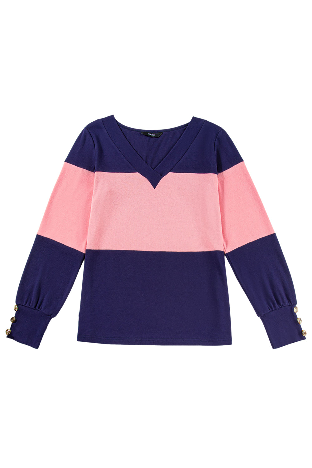 Navy & Pink Stripe Colorblock Long Sleeve V Neck Top