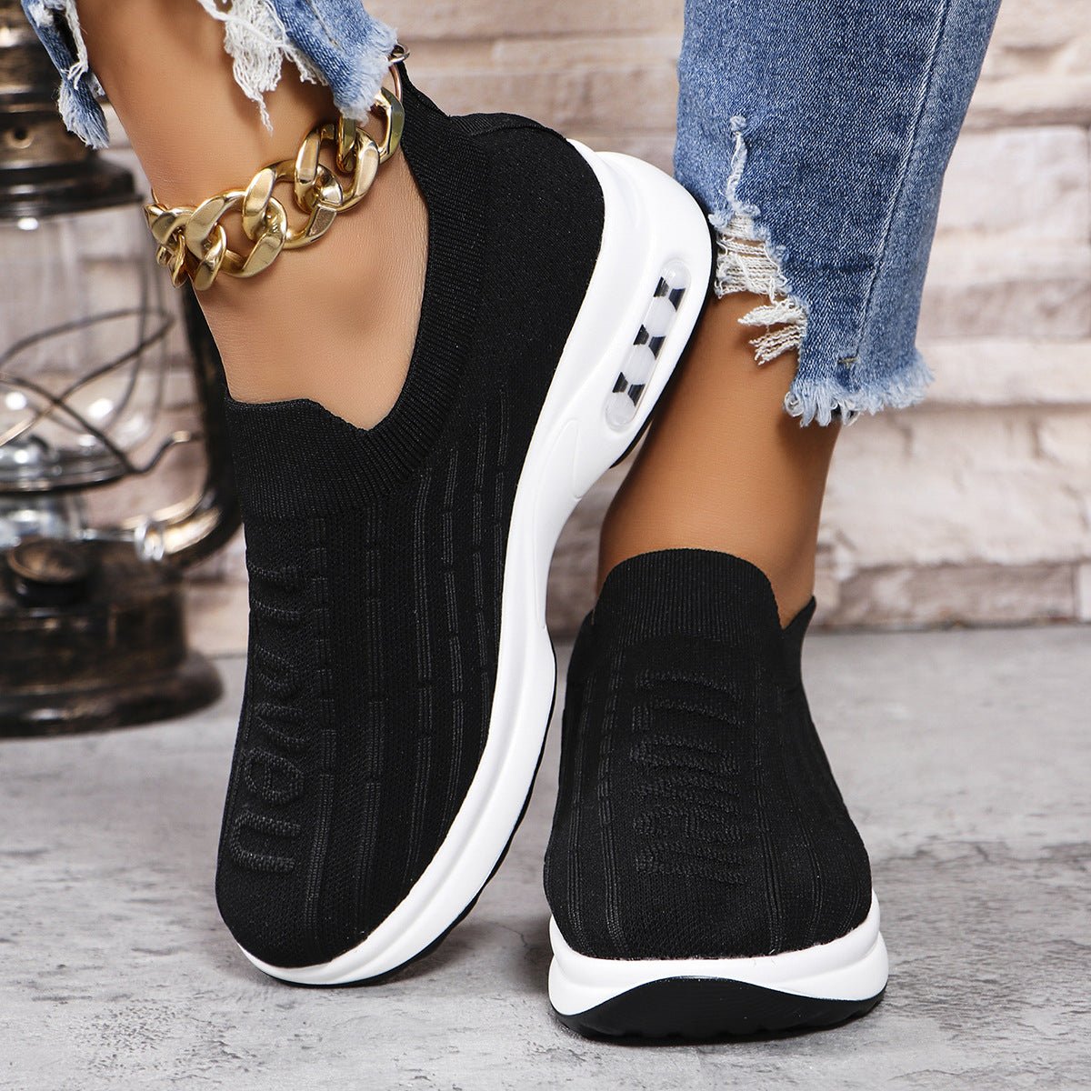 Black Round Toe Knit Detail Slip On Shoe