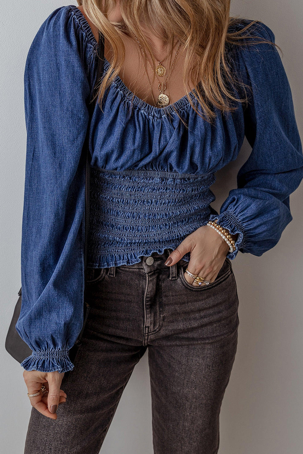 Dark Blue Smocked Ruffled Puff Long Sleeve Denim Blouse