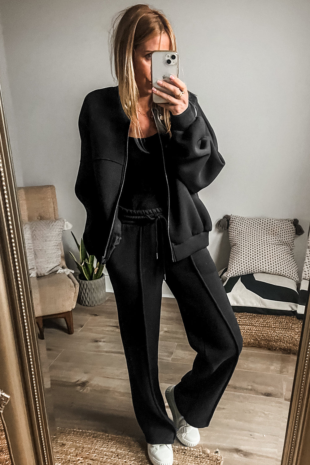 Black Zipper Jacket Drawstring Waist Pants Set