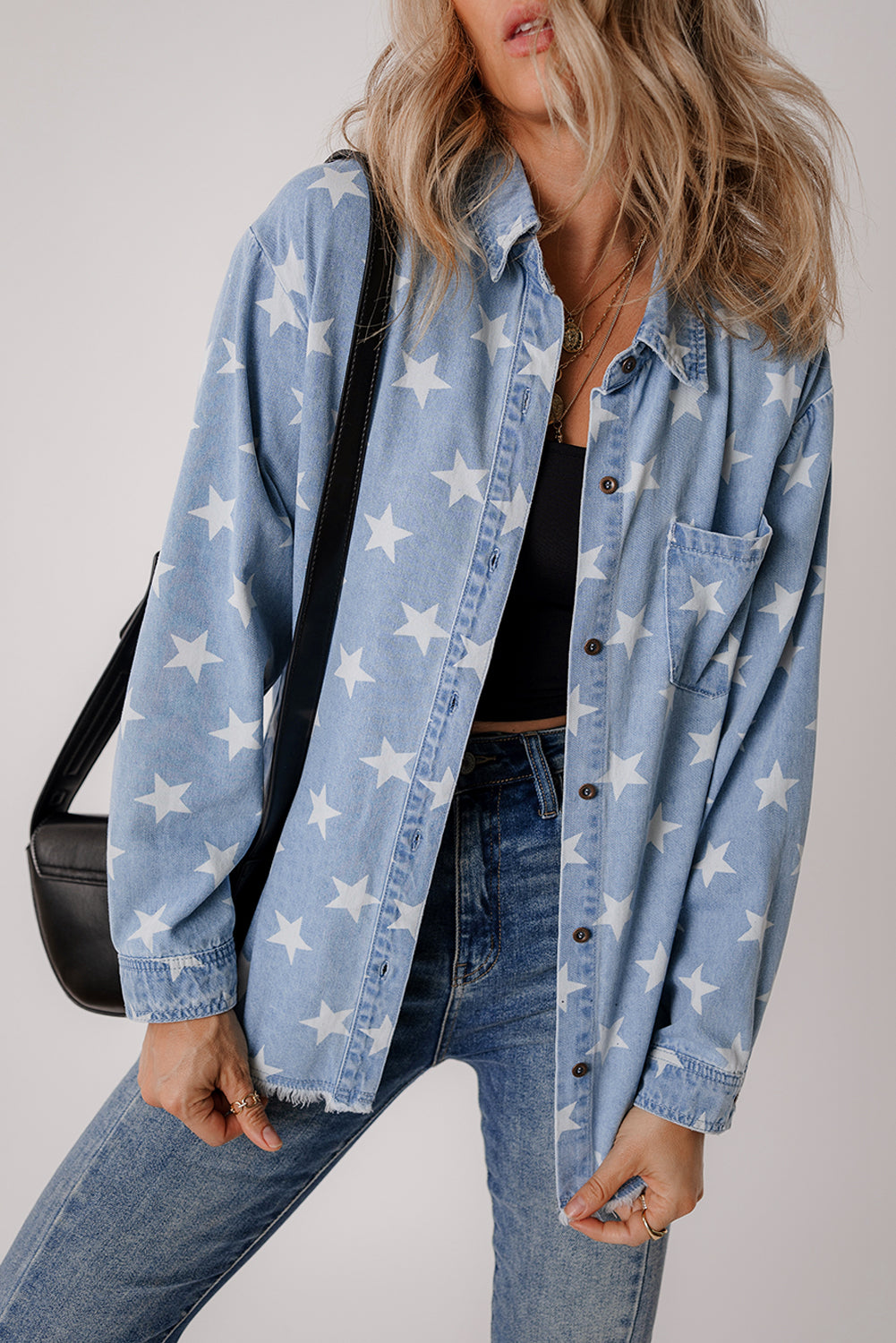 Blue Star Light Wash Raw Hem Denim Jacket