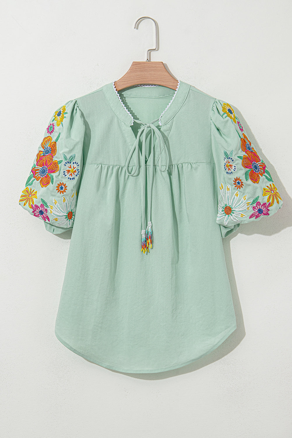 Green Floral Embroidered Puff Sleeve Split Neck Blouse
