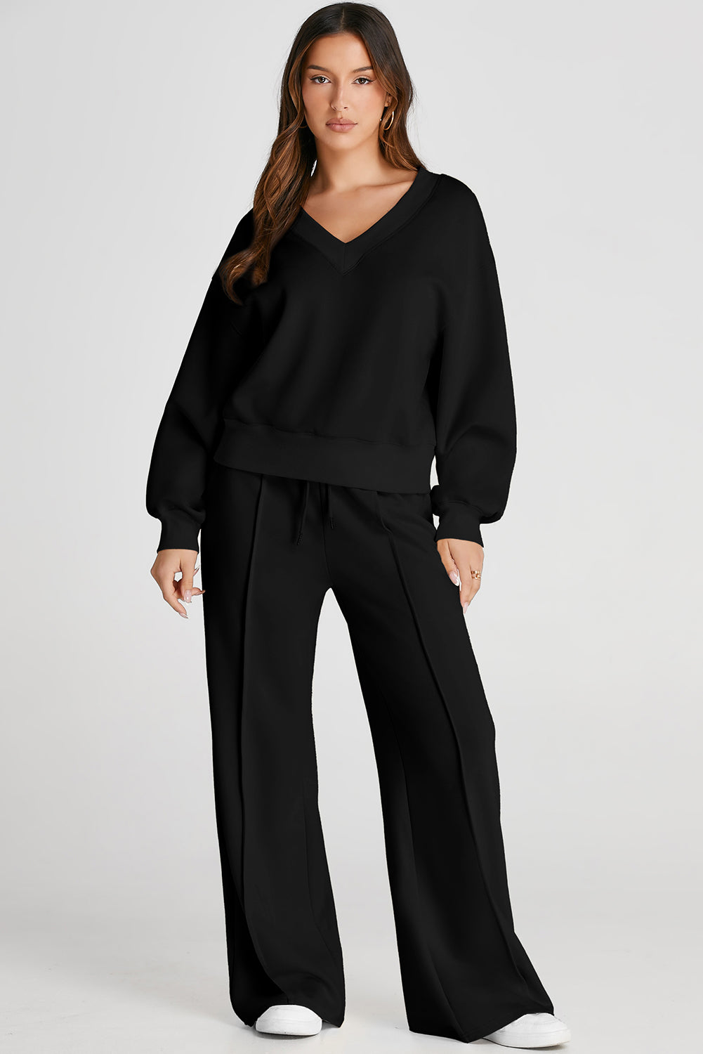 Black V Neck High Waist Pants Set