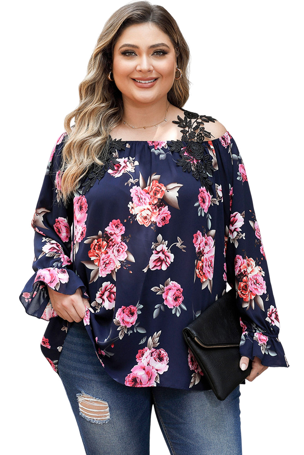 Navy Cold Shoulder Long Sleeve Floral Blouse