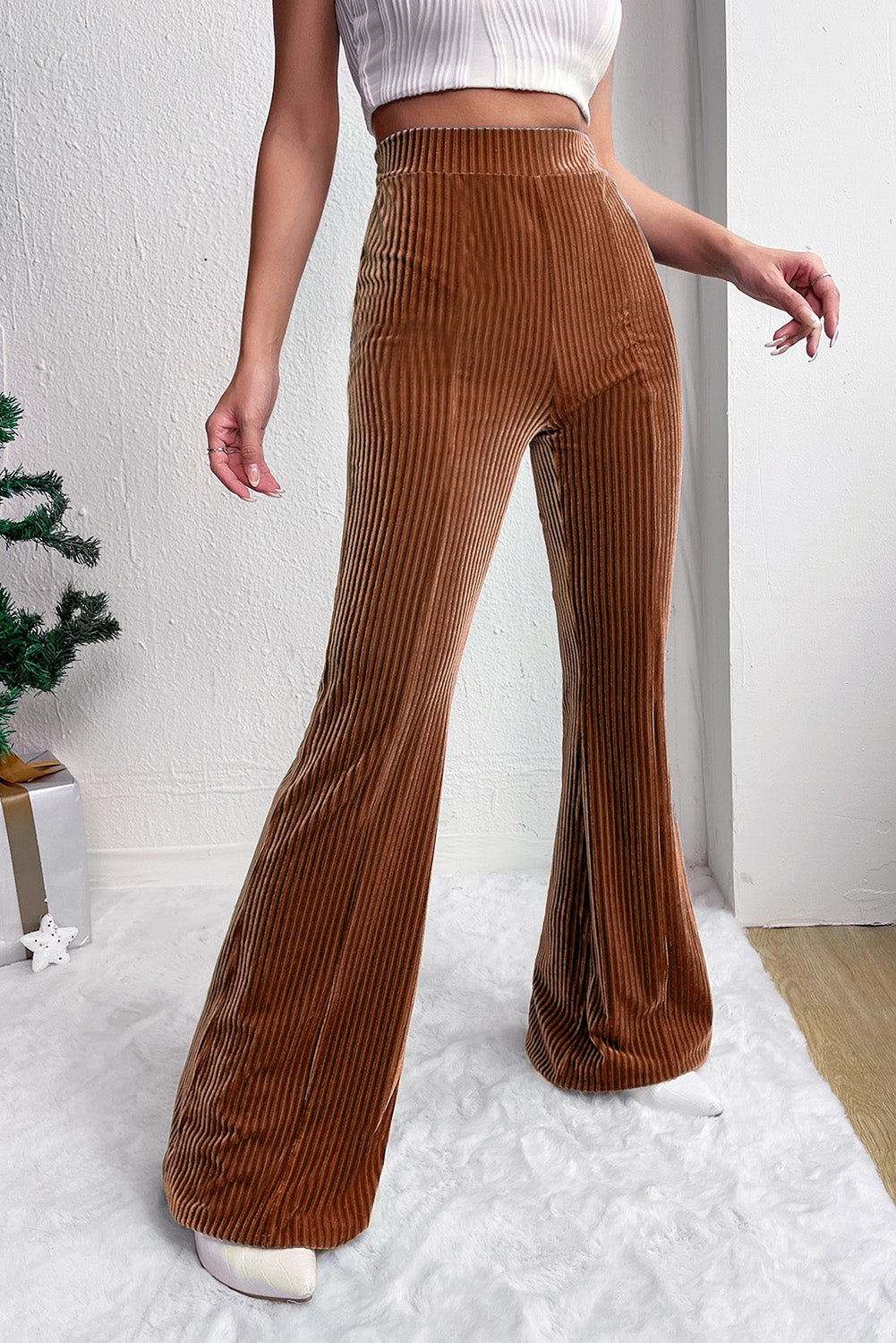 Black Solid Color High Waist Flare Corduroy Pants