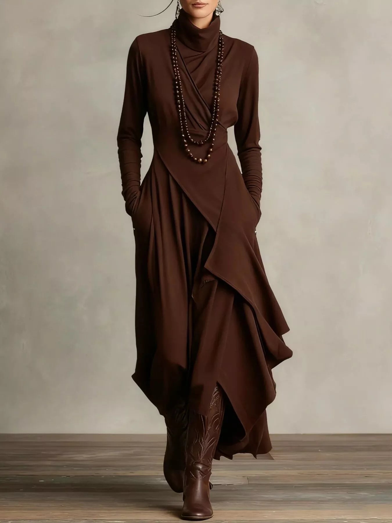 Full Size Turtleneck Asymmetrical Hem Maxi Dress Plus Size Dark Brown Bazaare Mart Turtleneck Asymmetrical Hem Maxi Dress