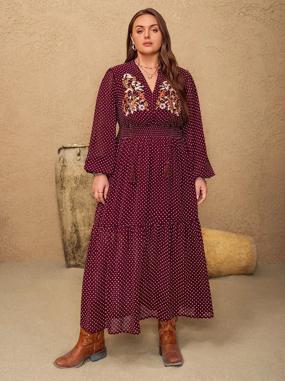 Embroidered Polka Dot Tie Neck Long Sleeve Midi Dress Burgundy Bazarre Mart Long Sleeve Polka Dot Midi Dress
