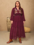 Embroidered Polka Dot Tie Neck Long Sleeve Midi Dress Burgundy Bazarre Mart Long Sleeve Polka Dot Midi Dress