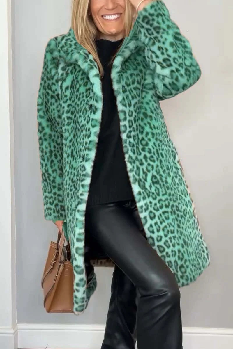 Faux Leopard Print Fur Dress Coat