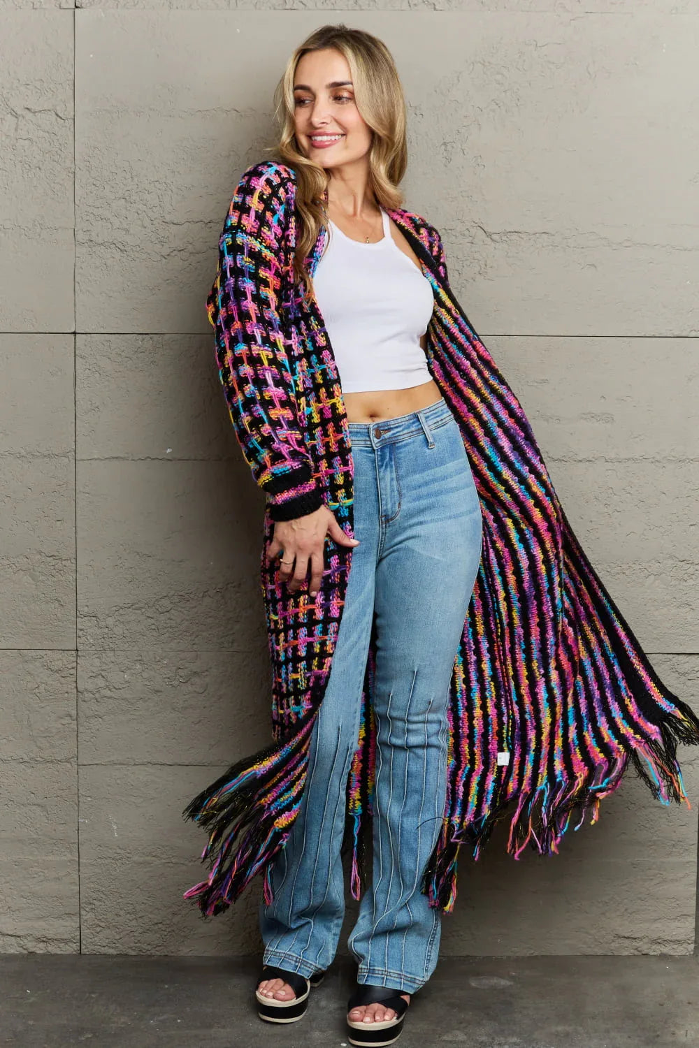 Multicolor Open Front Fringe Hem Duster Cardigan Multi Bazarre Mart Multicolored Open Front Fringe Long Sweater