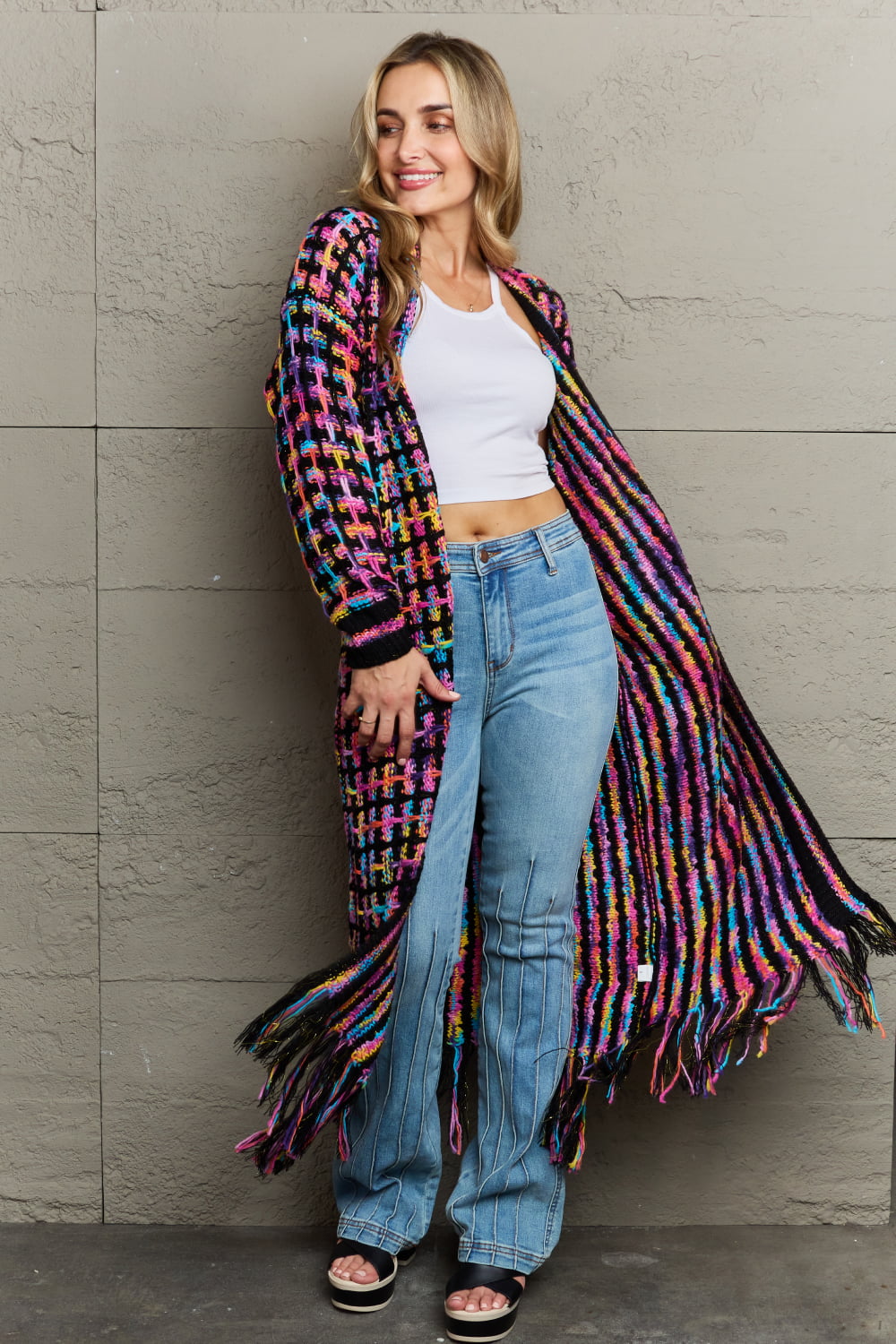 Multicolor Open Front Fringe Hem Duster Cardigan