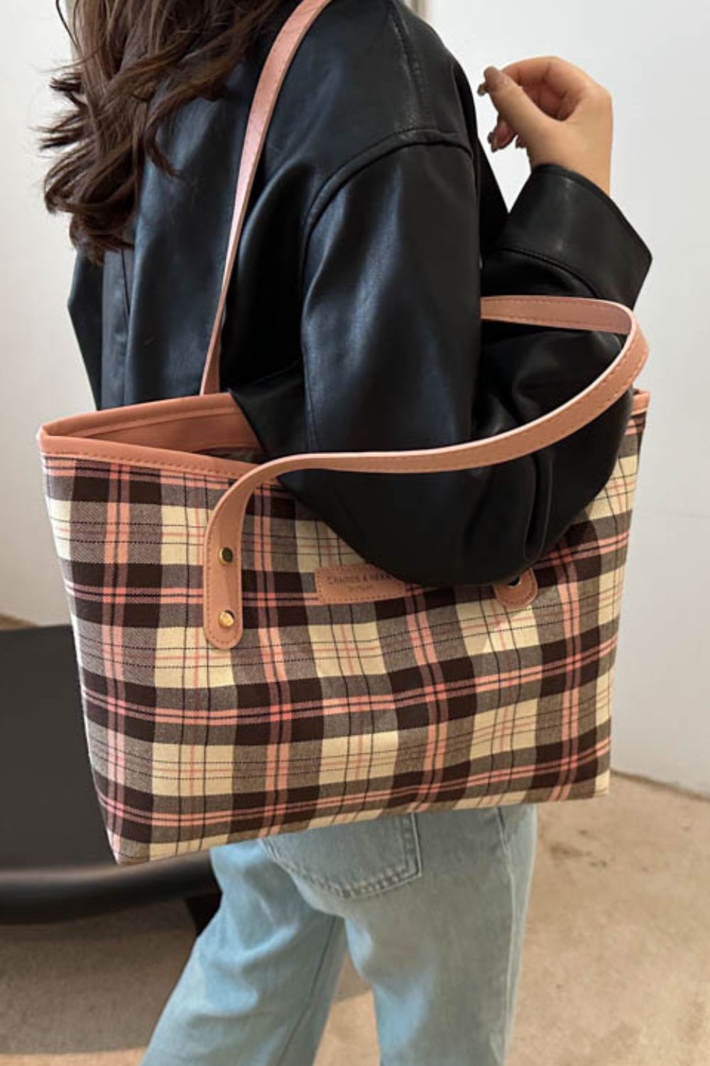 Brown Plaid PU Leather Tote Bag