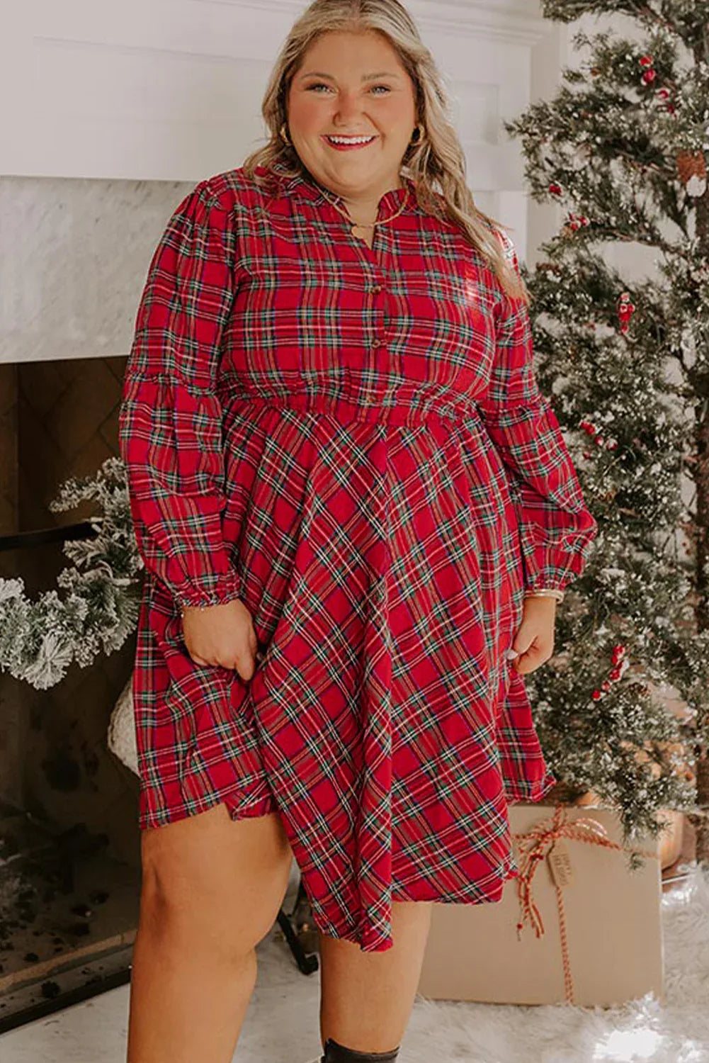 Red Plaid Half Button Long Sleeve Dress Bazaarre Mart Plus Size/Plus Size Dresses/Plus Size Mini Dresses