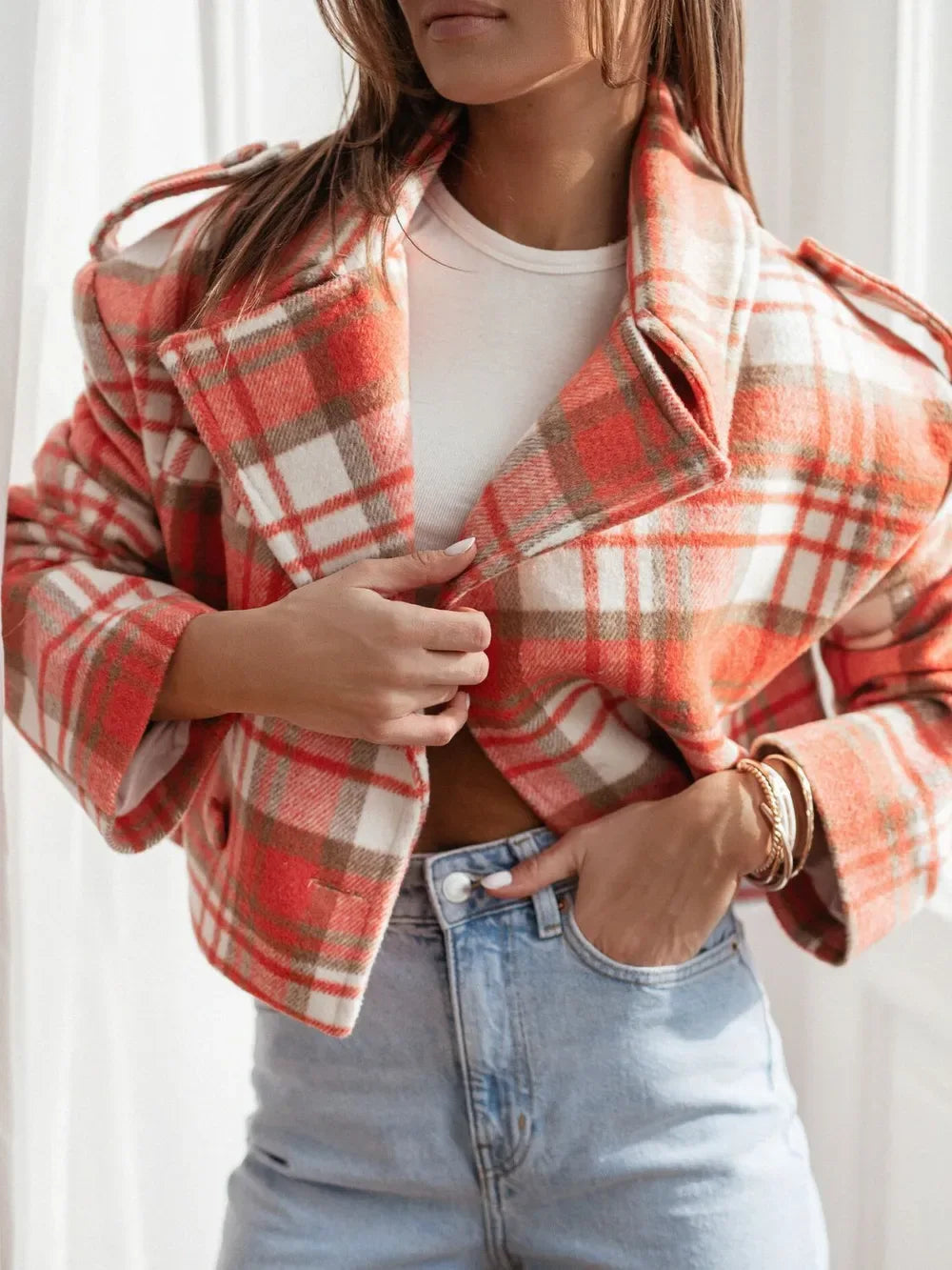Lapel Collar Plaid Cropped Jacket Orange