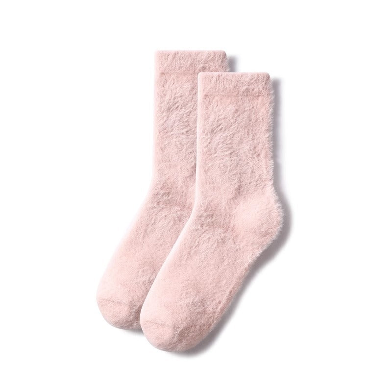 Solid Color Furry Fleece-lined Thick Mid-calf Socks