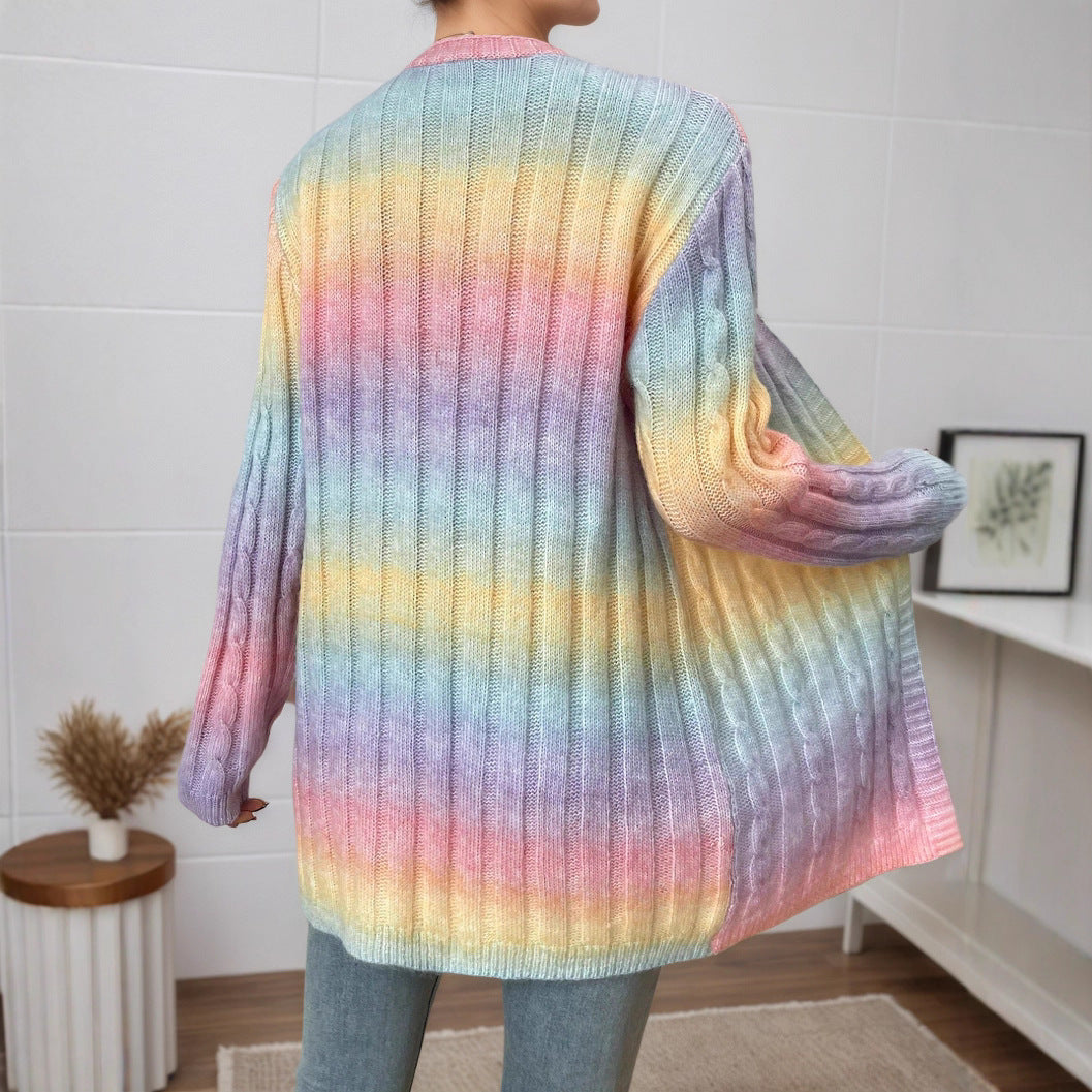 Gradient Color Twist Knitted Cardigan Coat For Women
