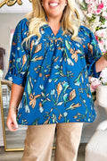 Blue Floral Notched V Neck Half Sleeve Blouse Blue 100%Polyester Bazaare Mart Plus Size/Plus Size Tops/Plus Size Blouses & Shirts