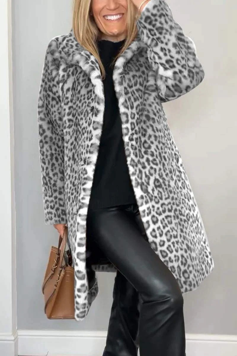 Faux Leopard Print Fur Dress Coat