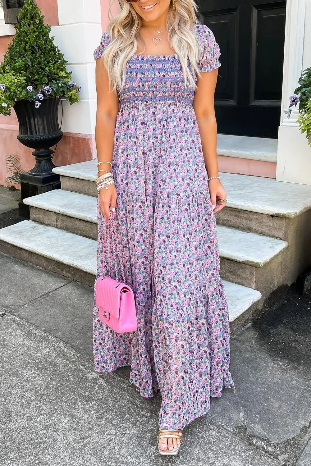 Purple Floral Short Bubble Sleeve Shirred High Waist Maxi Dress Bazaare Mart Dresses/Maxi Dresses