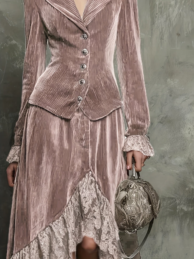 Person wearing a vintage-style outfit with a textured pink jacket and lace-trimmed skirt, holding a textured bag against a gray background.