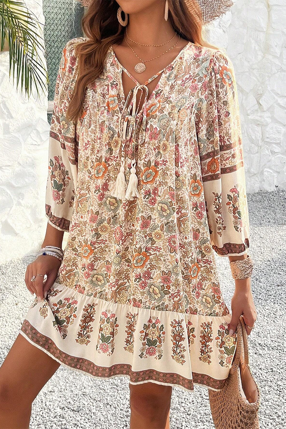 Beige Boho Loose Long Sleeve Mini Dress