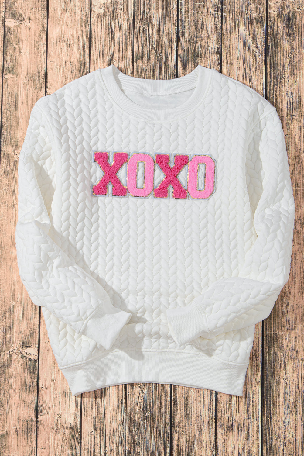 White XOXO Glitter Chenille Cable Knit Pullover Sweatshirt