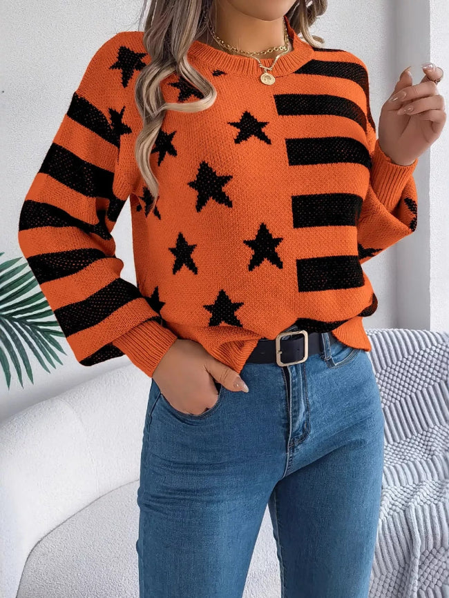 Orange  Stars and Stripes Round Neck Sweater