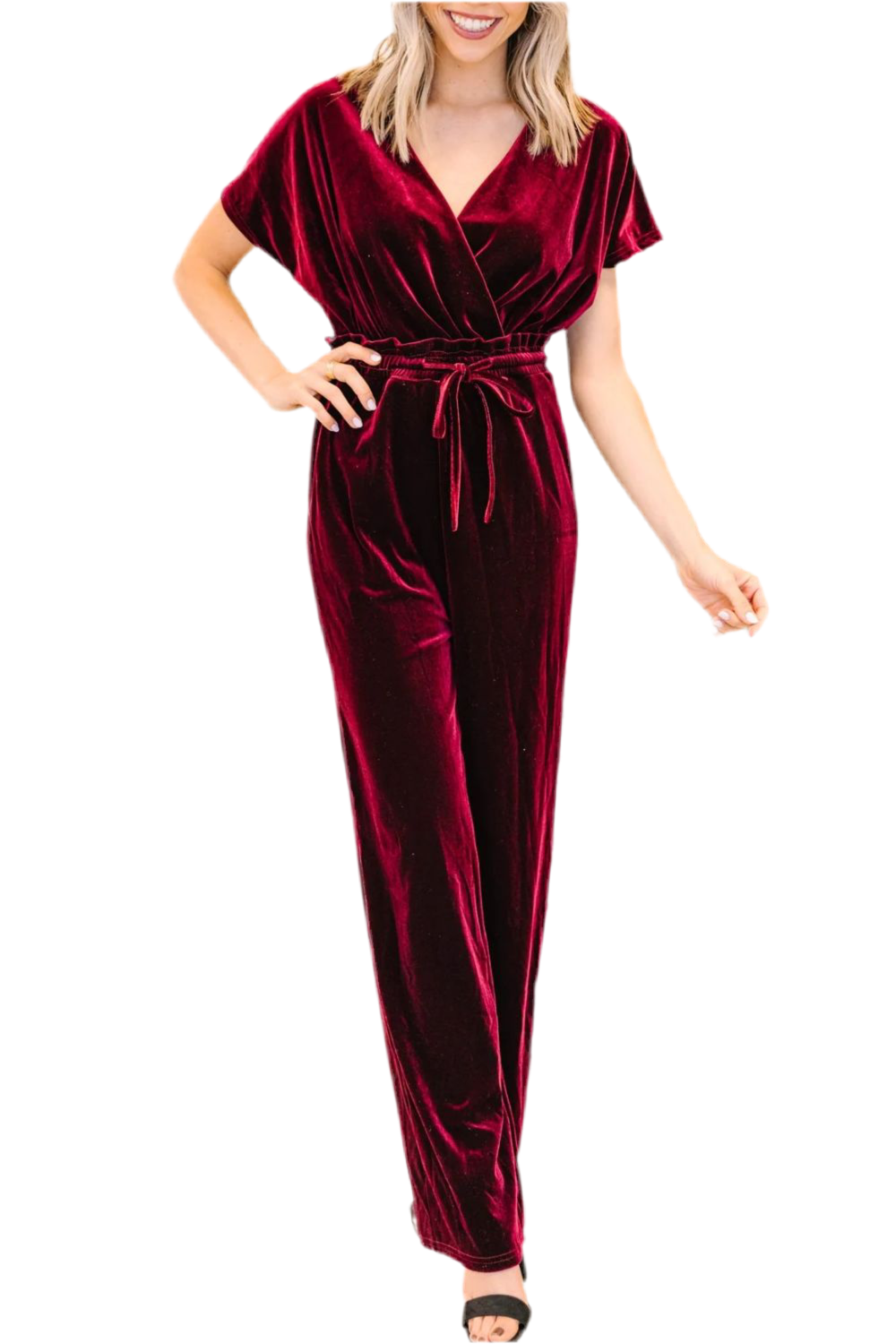 Drawstring Surplice Short Sleeve Velvet Jumpsuit