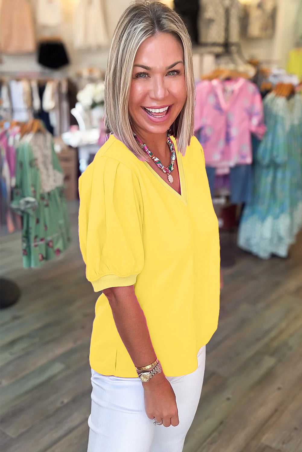 Yellow Solid Color V Neck Short Puff Sleeve Blouse Dear-Lover Dropshipping Tops/Blouses & Shirts
