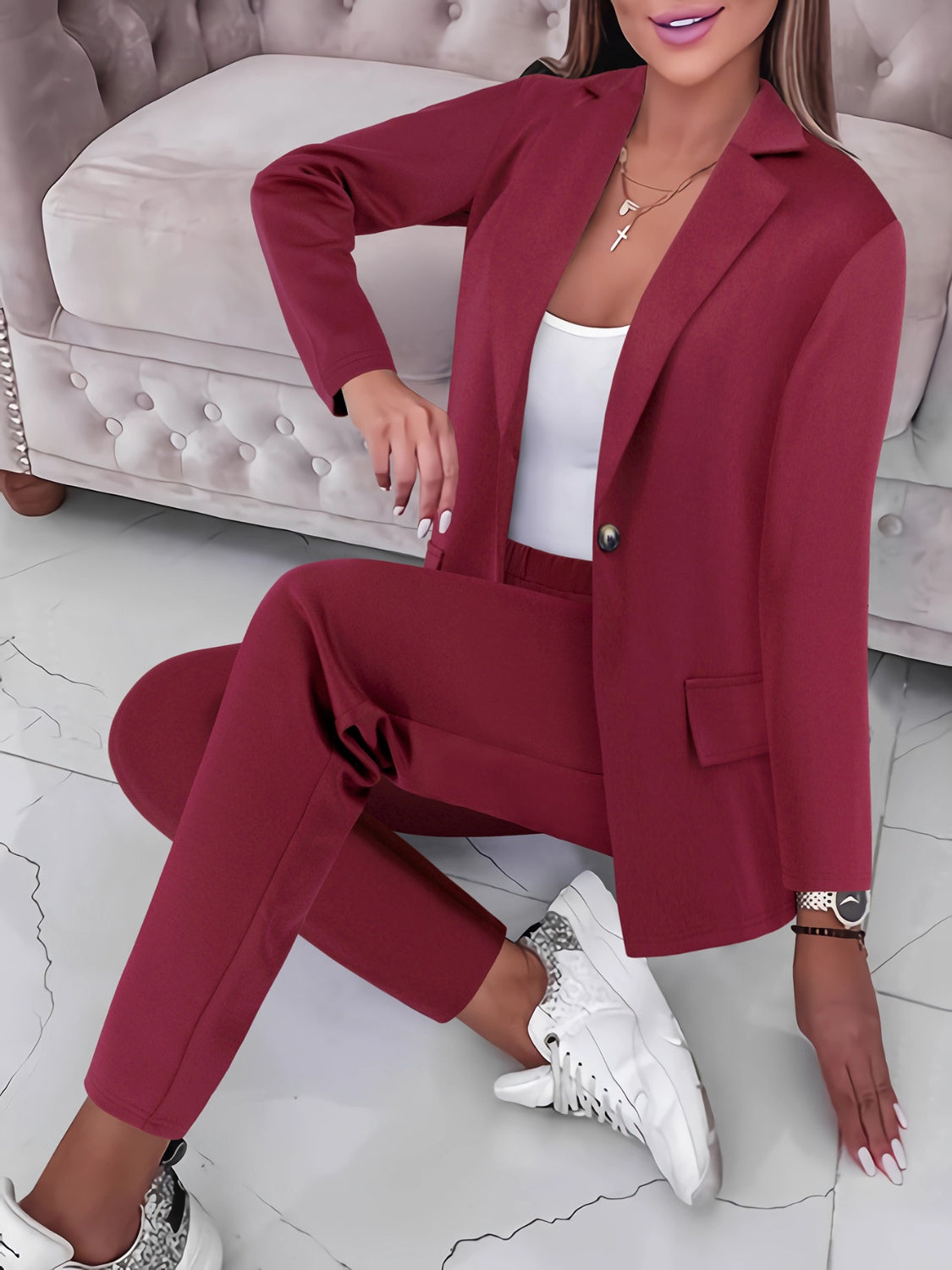 Burgundy Pants Suit with Contrast Top