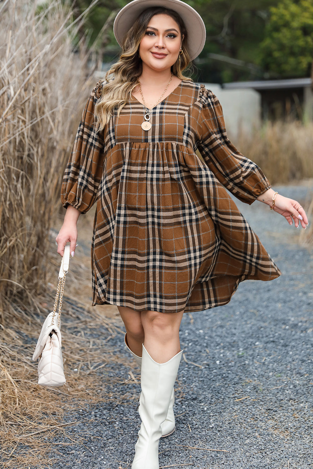 Brown Plaid Plus Size A Line Dress