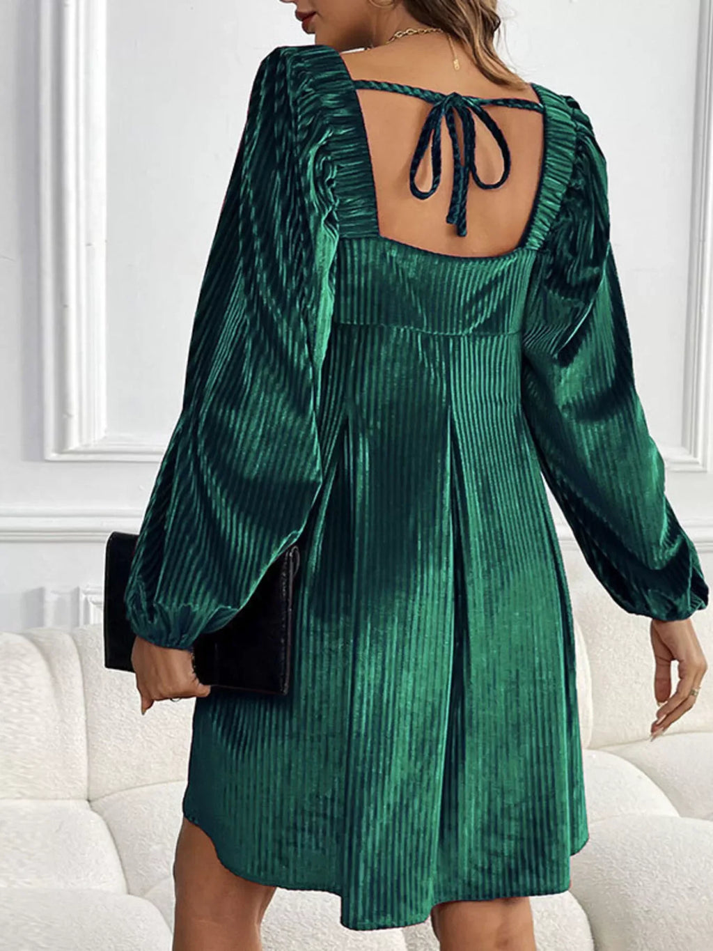 Textured Velvet Square Neck Long Sleeve Dress Bazaare Mart Long Sleeve Square Neck Velvet Dress