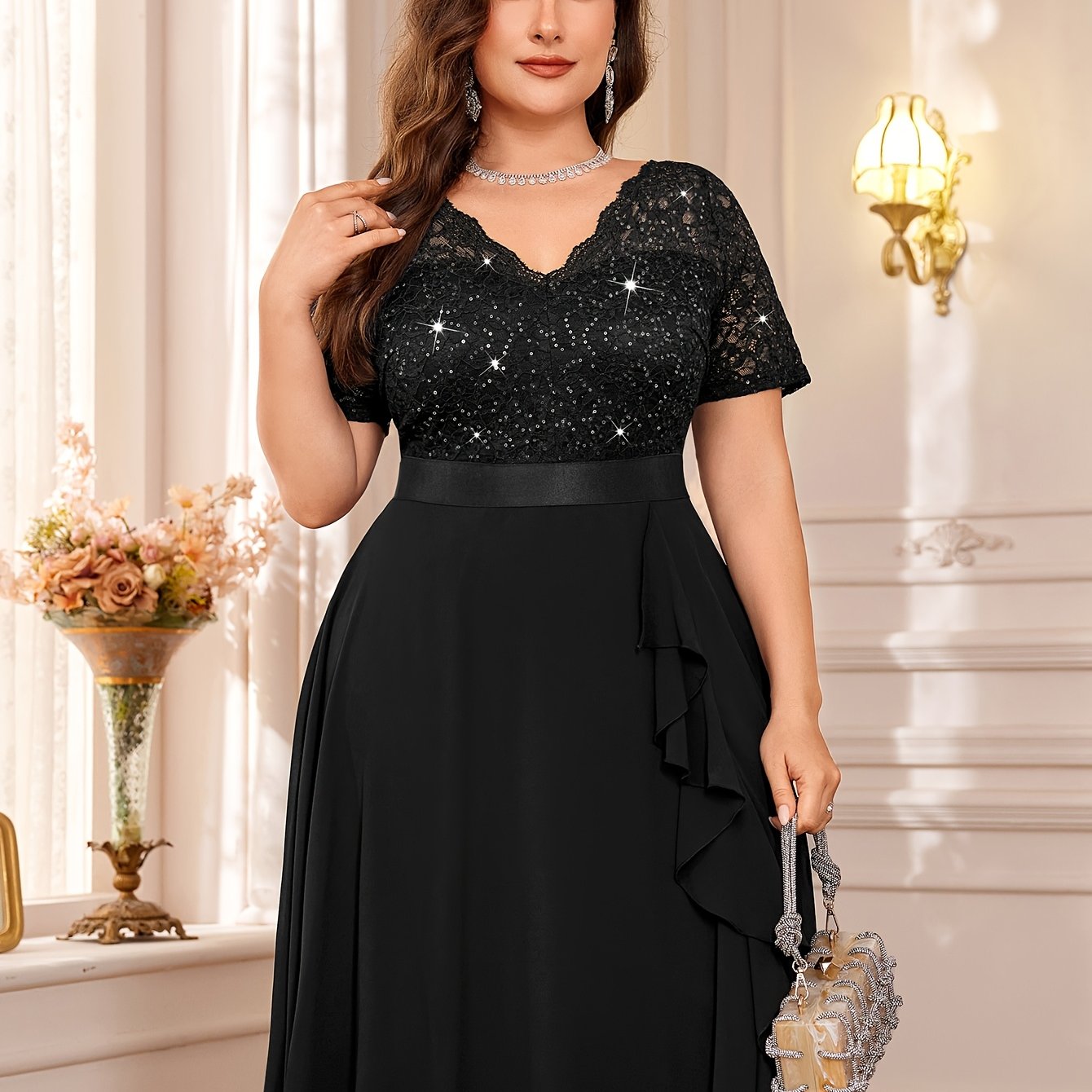 Sequin Lace V-Neck Short Sleeve Chiffon Ruffle Hem Dress