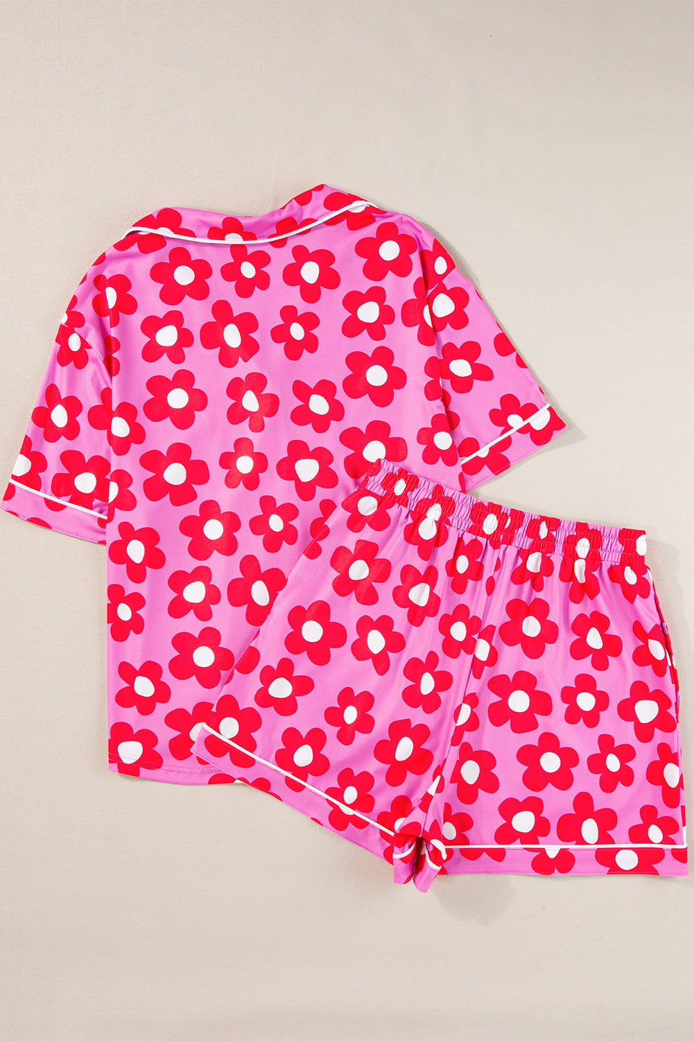 Pink Flower Print Short Sleeve Shirt Pajamas Set