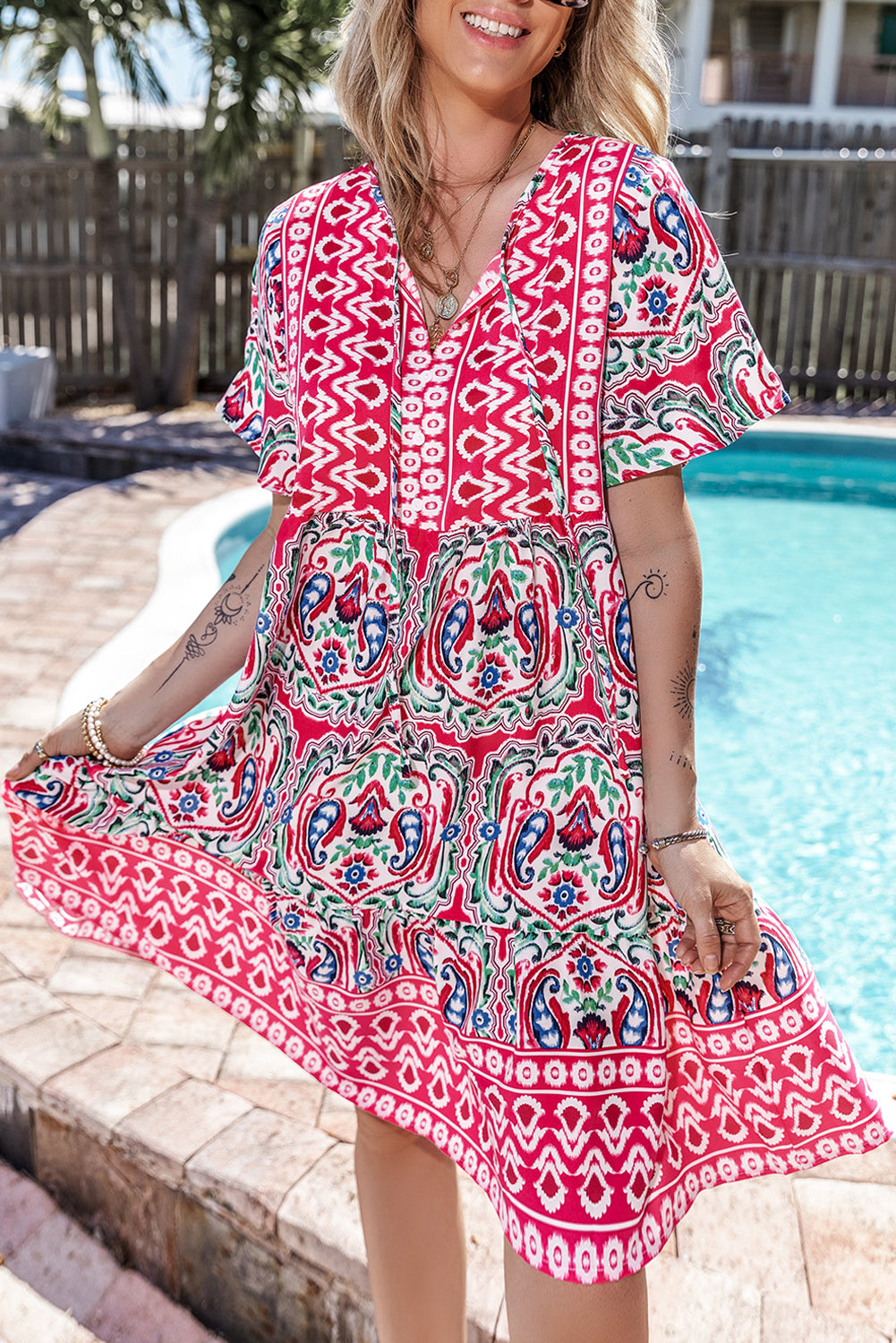 Pink Short Sleeve Bohemian Print Dress