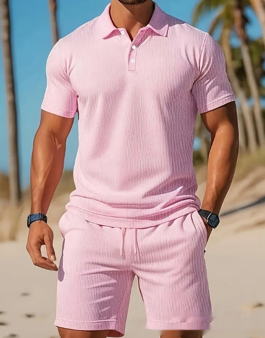 Pink Polo Shirt And Matching Drawstring Shorts Set