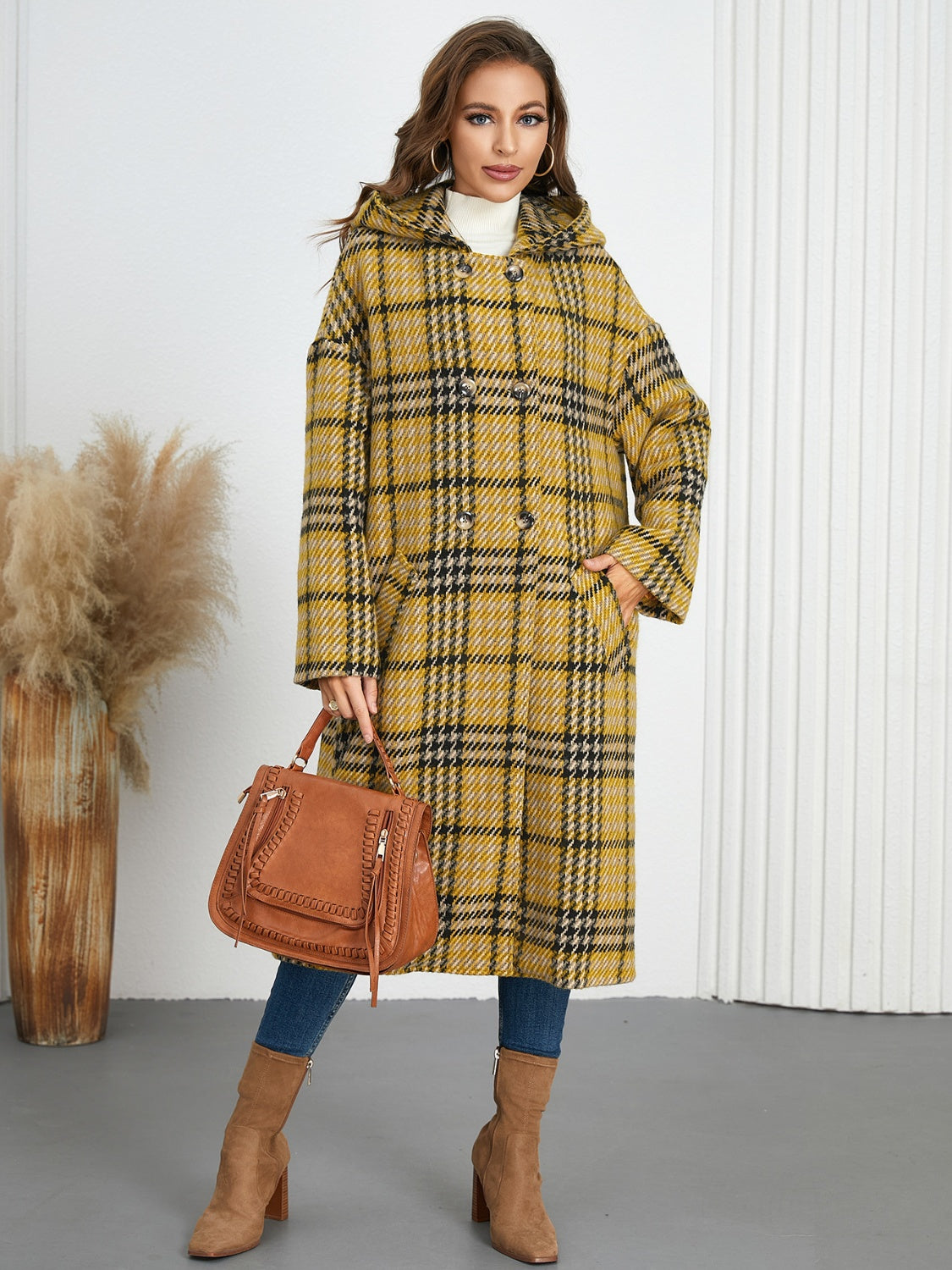 Plaid Double-Breasted Hooded Dress Coat