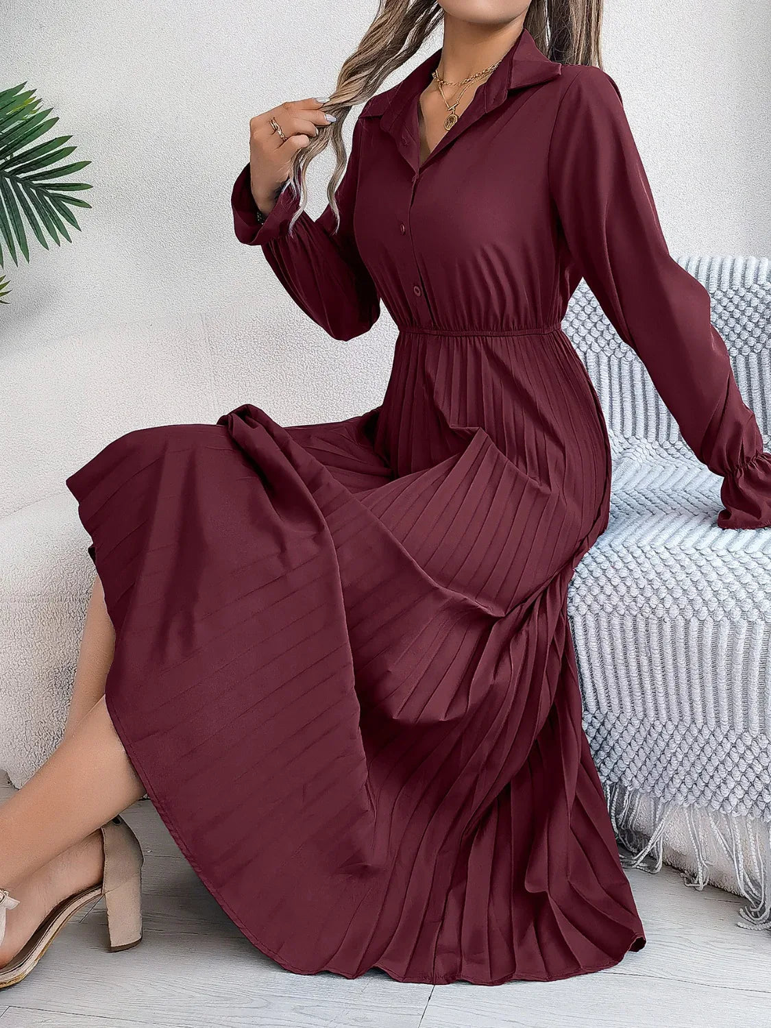 Pleated Half Button Long Sleeve Midi Dress Burgundy Bazaare Mart Pleated Half Button Long Sleeve Midi Dress