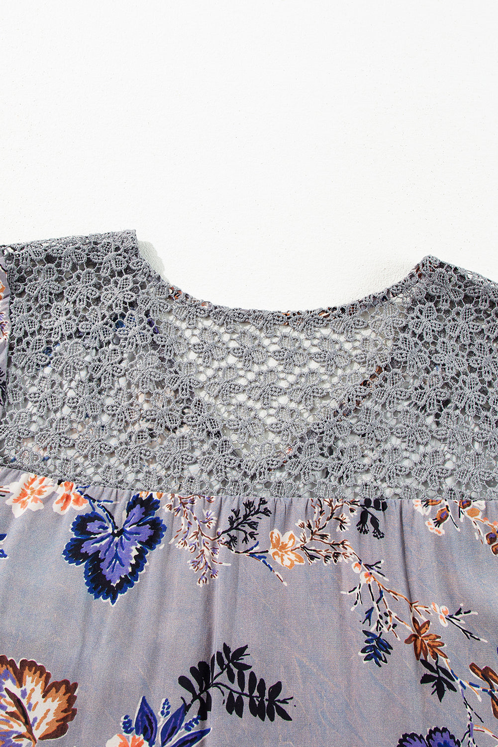 Blue Floral Lace Patchwork Knot Front V Neck Blouse