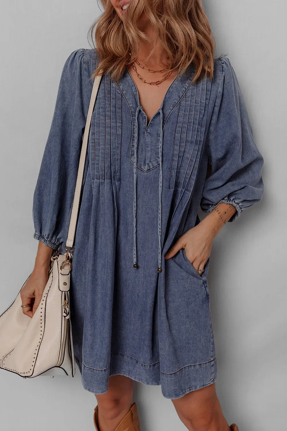 Tie Neck 3/4 Sleeve Mini Denim Dress Trendsi Denim Dress
