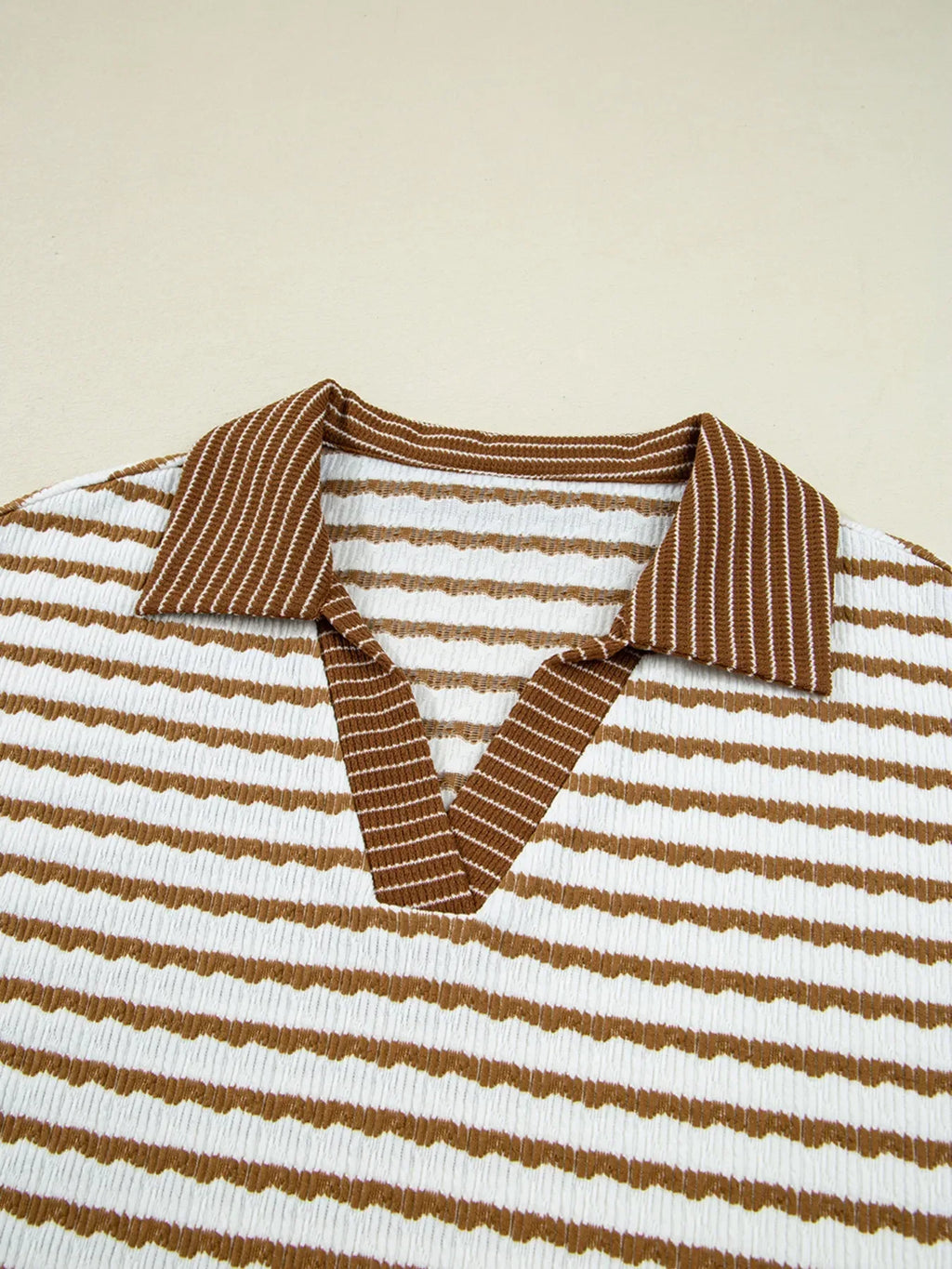 Thin Stripe Collared Baggy Top and Drawstring Pant Set Trendsi Brown Striped Wide Leg Pants Set