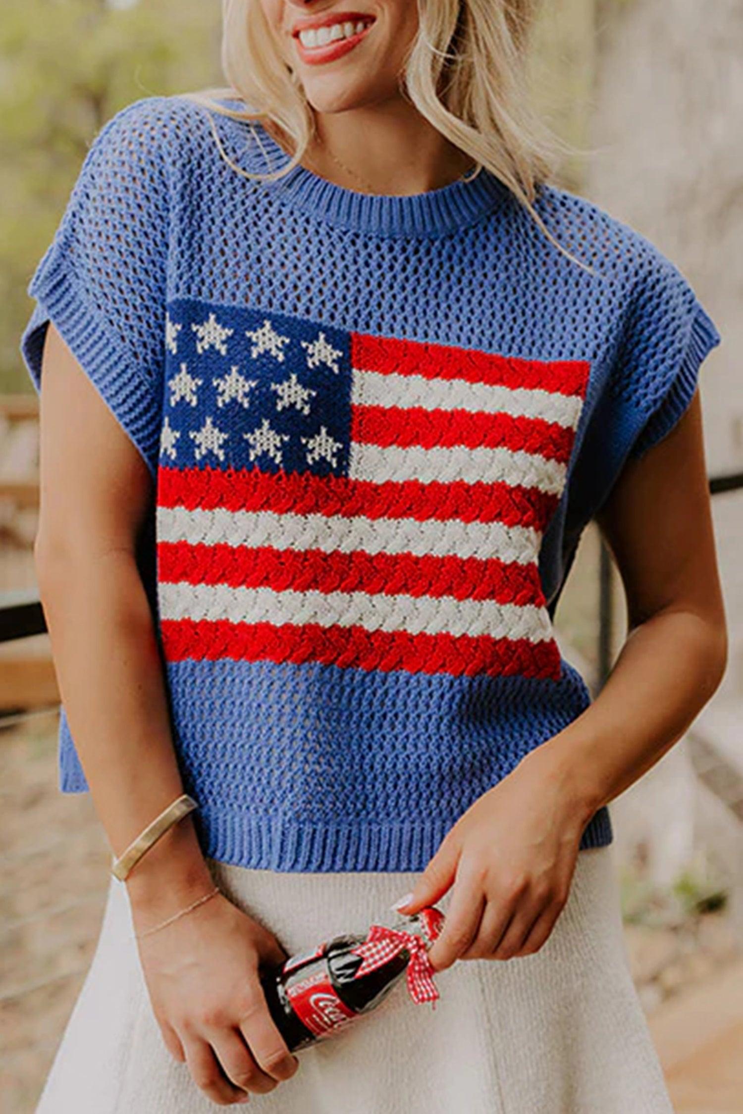 Fiery Red Flag Graphic Short Sleeve Sweater Top Sky Blue 100%Acrylic Dear-Lover Dropshipping Sweaters & Cardigans/Short Sleeve Sweaters