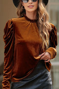 Frill Mock Neck Puff Sleeve Blouse Brown Bazarre Mart Brown Velvet Top
