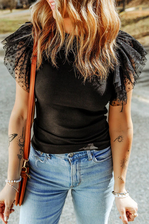 Black Dotty Mesh Ruffle Sleeve Ribbed Knit Top Black 93%Viscose+7%Elastane Bazaare Mart Tops/Tops & Tees